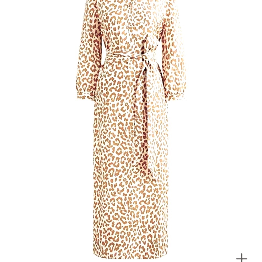 J CREW TIE-WAIST SHIRTDRESS BROWN CREAM LEOPARD PRINT LONG SILHOUETTE SIZE 8 - Picture 3 of 14